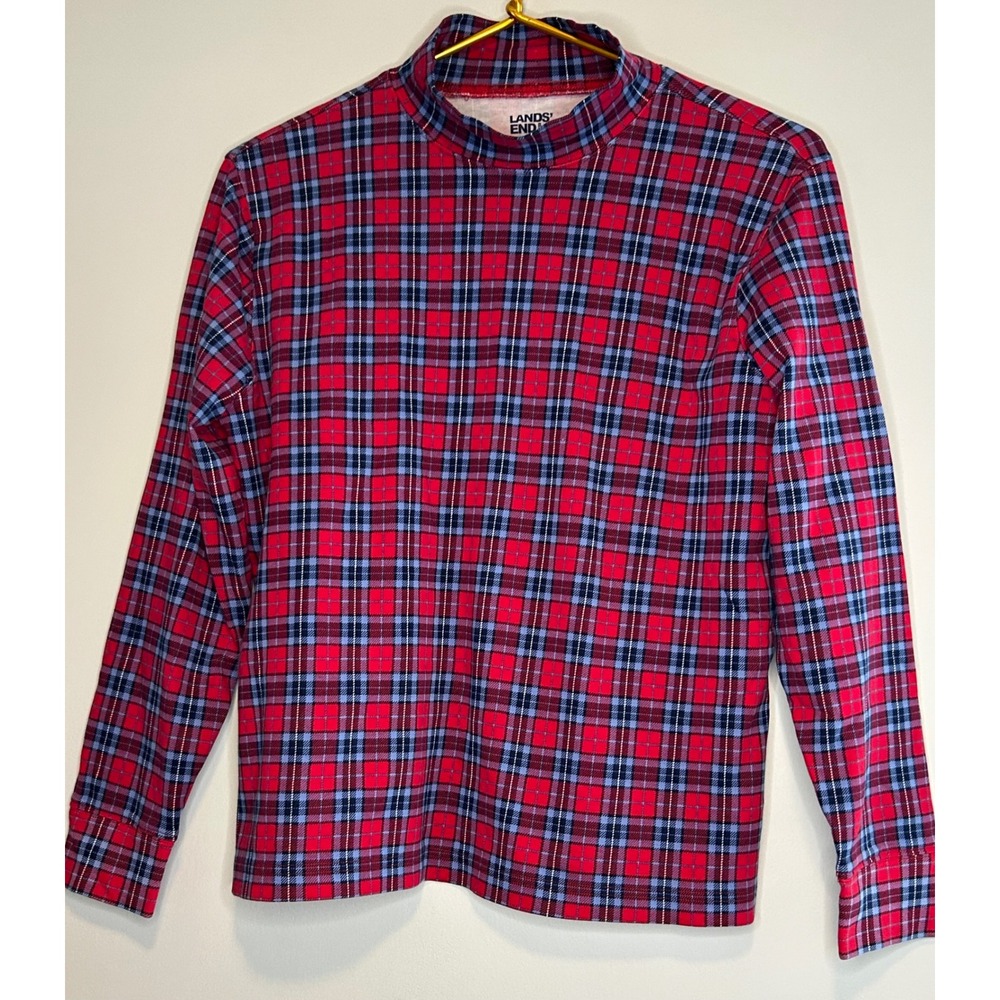 Lands End Womens Mock Neck Long‎ Sleeve Red Plaid Flannel Shirt Medium Petite